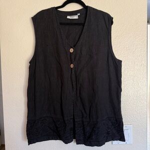 Black Sleeveless Linen Blend Button Front Top